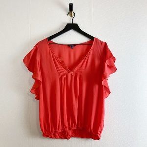 American Eagle Coral Chiffon Ruffle V-Neck Blouse Elastic Pleated Top Large L